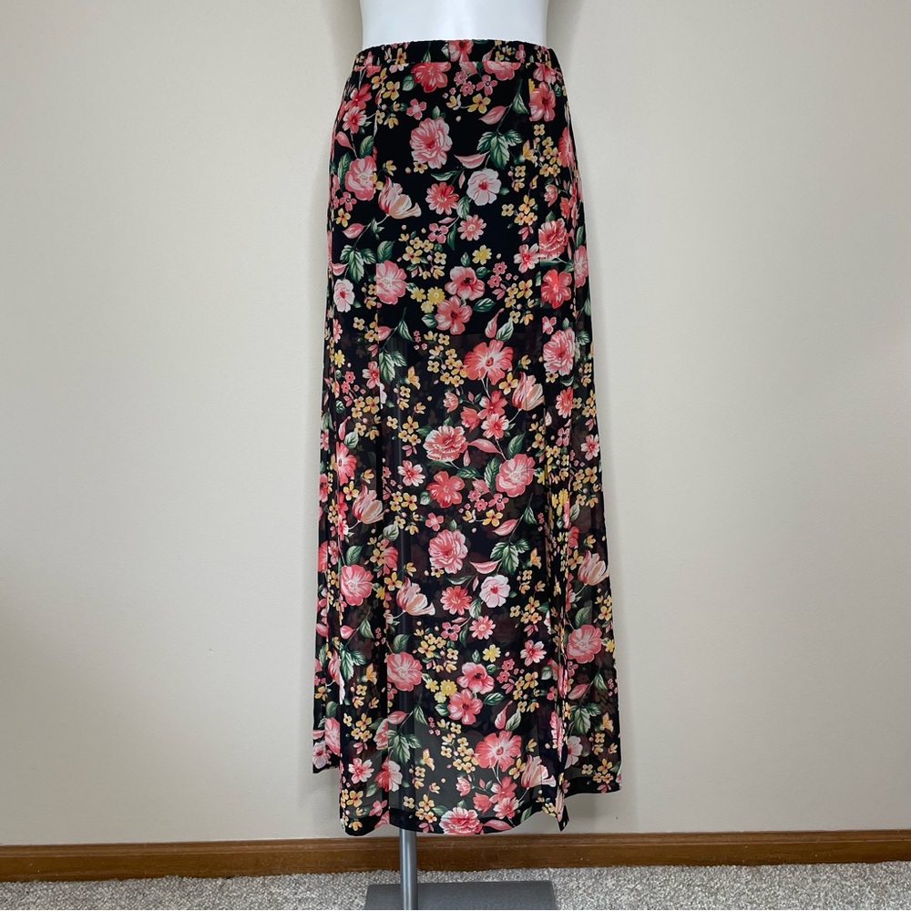Forever 21 Sheer Black and Pink Floral Maxi Skirt with High Leg Slit